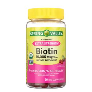 Spring Valley Biotina Extra Fuerza Salud del Cabello, Piel y Uñas con Sabor Cereza 10,000 mcg, 90 Gomitas