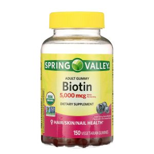 Spring Valley Biotina Salud del Cabello, Piel y Uñas USDA Organic con Sabor Arándano 5000 mcg, 150 Gomitas