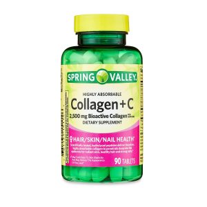 Spring Valley Colágeno Altamente Absorbible + Vitamina C, Salud del Cabello, Piel y Uñas 2,500 mg 90 Tabletas