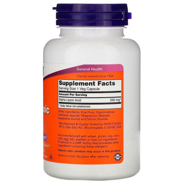 Now Ácido Alfa Lipoico Ayuda Eliminar Radicales Libres, Apoya Producción de Glutatión 250 mg 120 Cápsulas Vegetales - Imagen 3