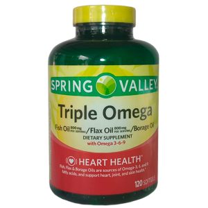 Spring Valley Triple Omega 3-6-9, Fish Oil 800 mg, Flax Oil 800 mg, Borage Oil, Apoya la Salud del Corazón 120 Cápsulas Blandas