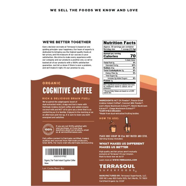 Terrasoul Café Orgánico de Hongos - Mushroom Coffee - Apoyo Cognitivo 30 Servicios 405 g - Imagen 3